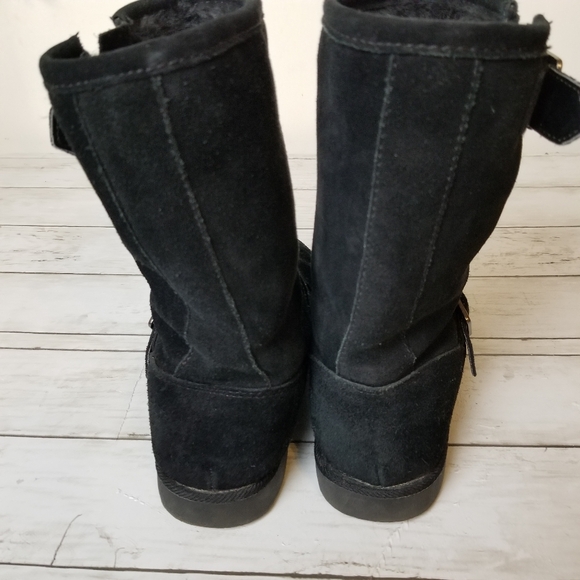 Unr8ted Rim Black Suede Leather Faux Fur Mid Calf Buckle Detail Pull On Boots - Picture 8 of 11